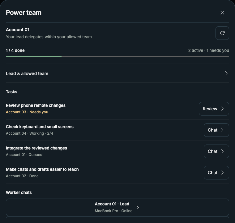 Actual VcodeR Power team UI with illustrative task data