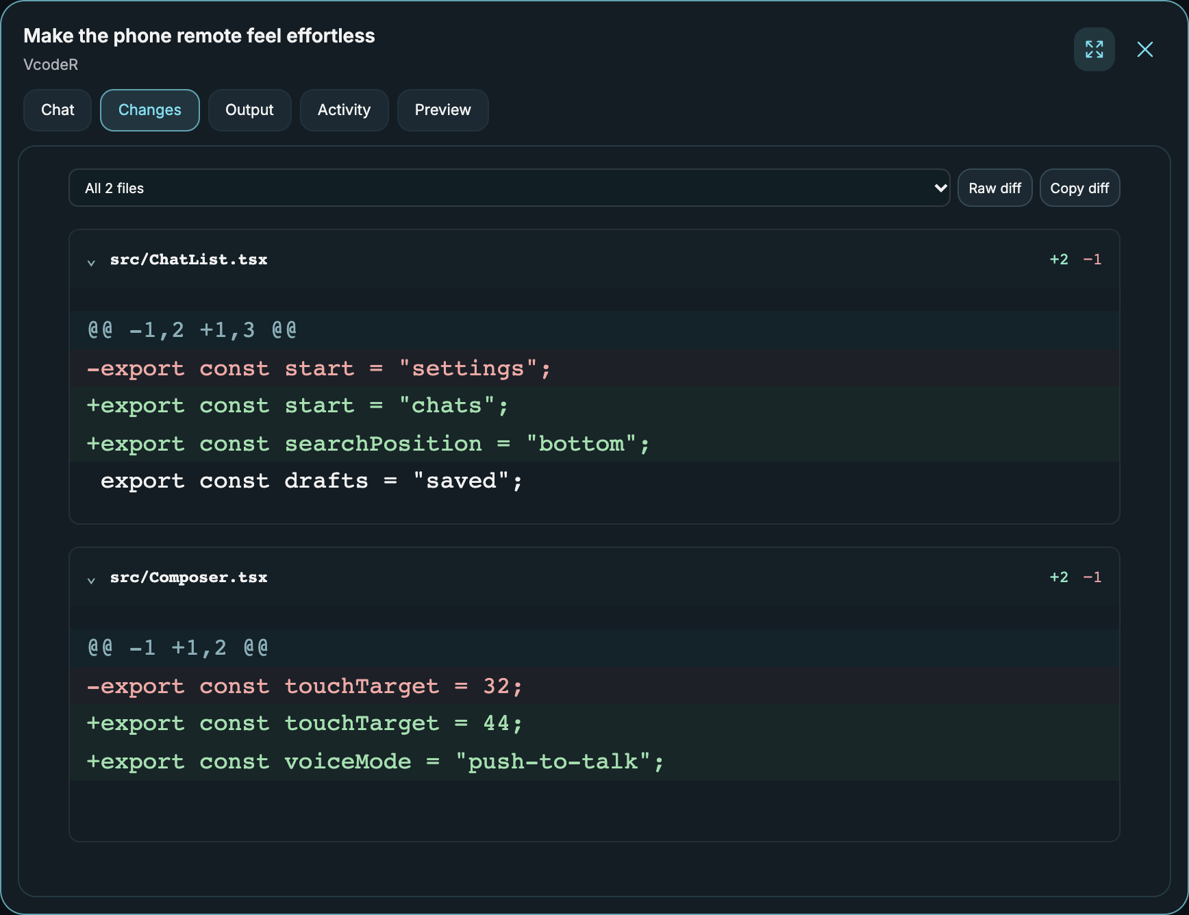 Actual VcodeR Code changes UI with illustrative task data