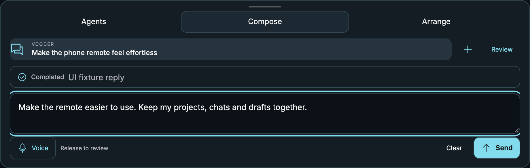 Actual VcodeR Control tablet UI with illustrative task data
